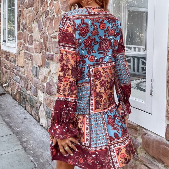 keyhole neck tie floral print ruffle boho dress - Picture 5 of 6